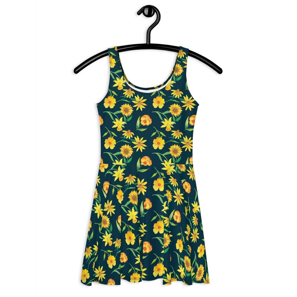 Sommerkleid Sonnengruß Design Kleid, Sommerkleid, Skaterkleid, Muster, Blumen, Gelbe Blumen, Osterglocke, Sonnenblume