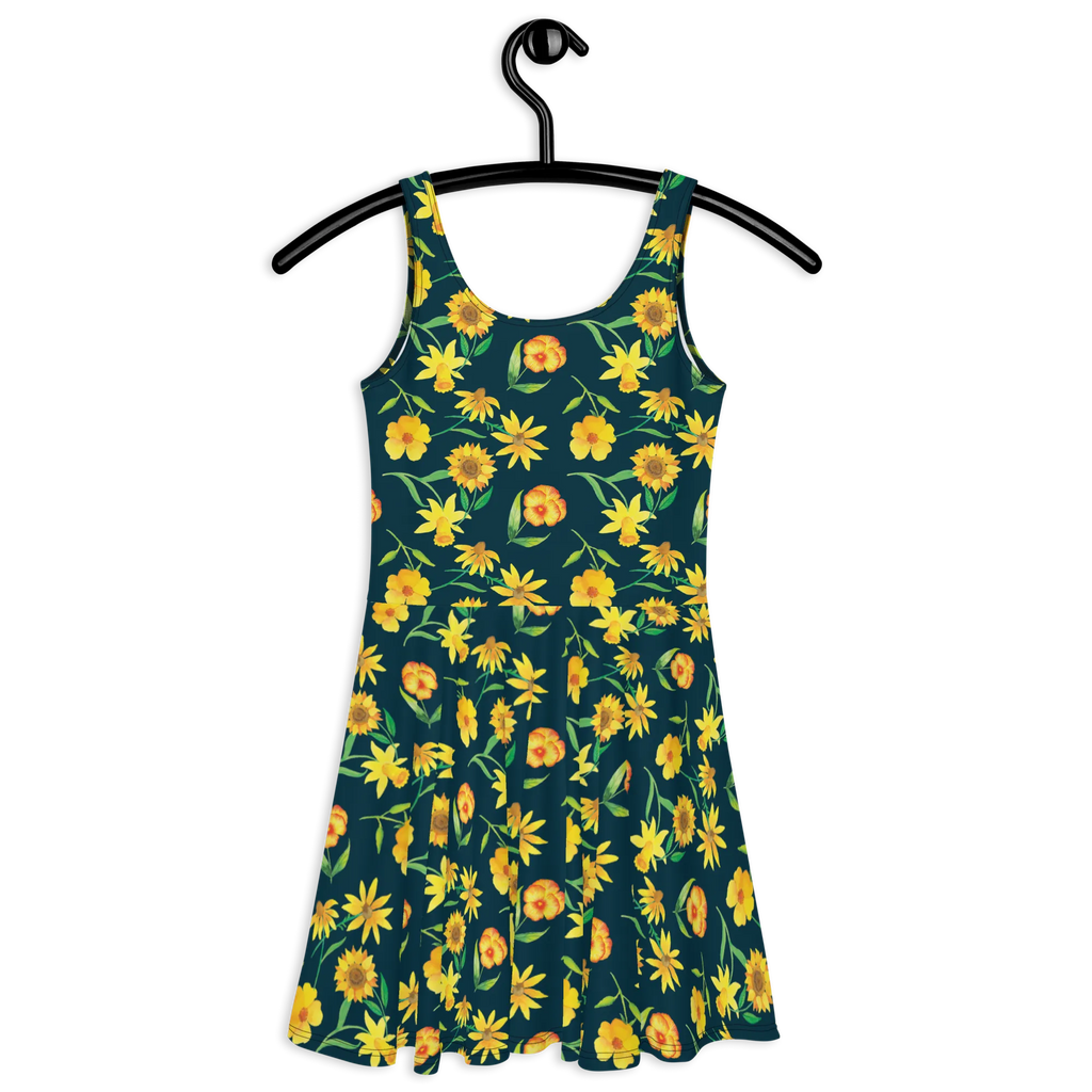Sommerkleid Sonnengruß Design Kleid, Sommerkleid, Skaterkleid, Muster, Blumen, Gelbe Blumen, Osterglocke, Sonnenblume