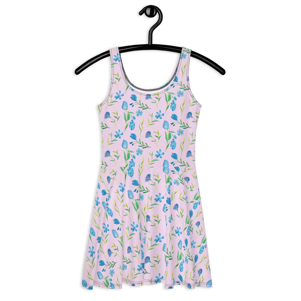 Sommerkleid Sommergedanken Design Sommerkleid, Kleid, Skaterkleid, Blumen, Blumenmuster, Aquarell, blaue Blumen, blaues Muster