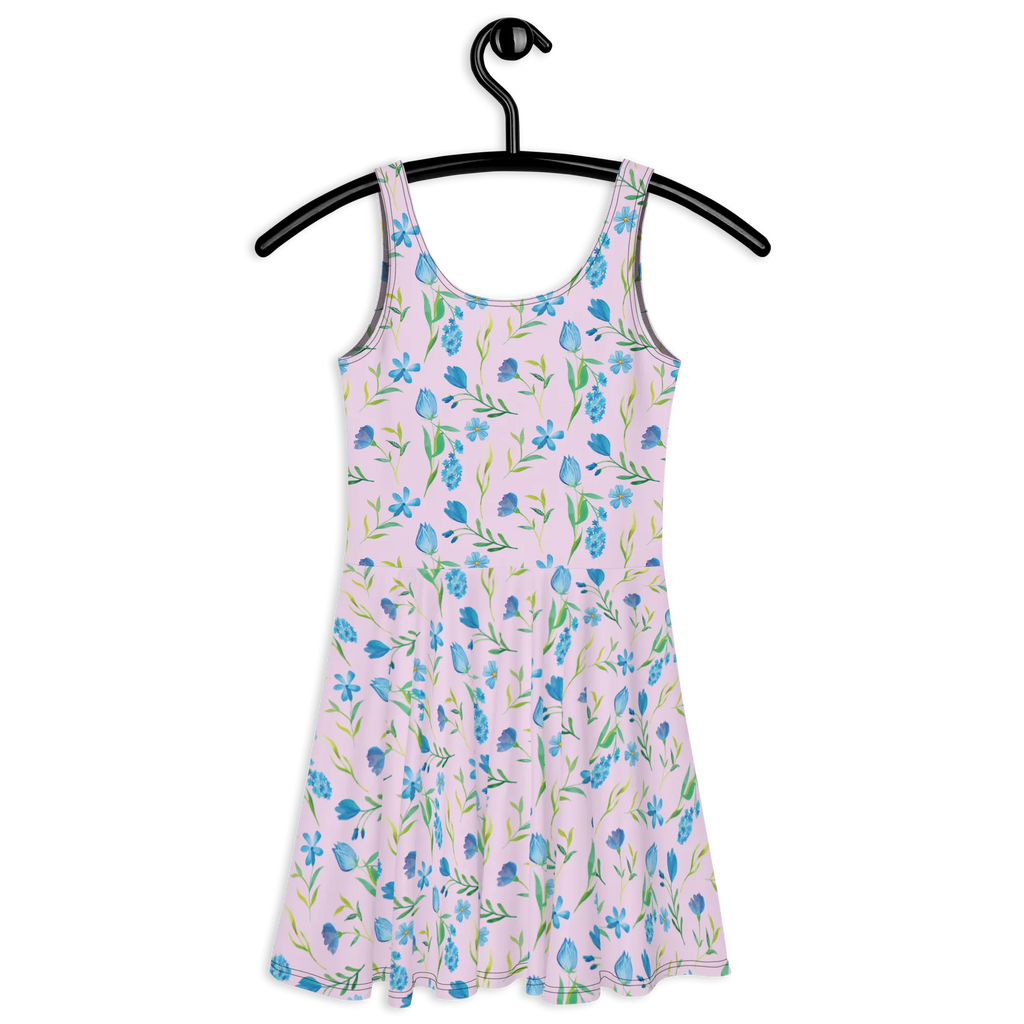Sommerkleid Sommergedanken Design Sommerkleid, Kleid, Skaterkleid, Blumen, Blumenmuster, Aquarell, blaue Blumen, blaues Muster
