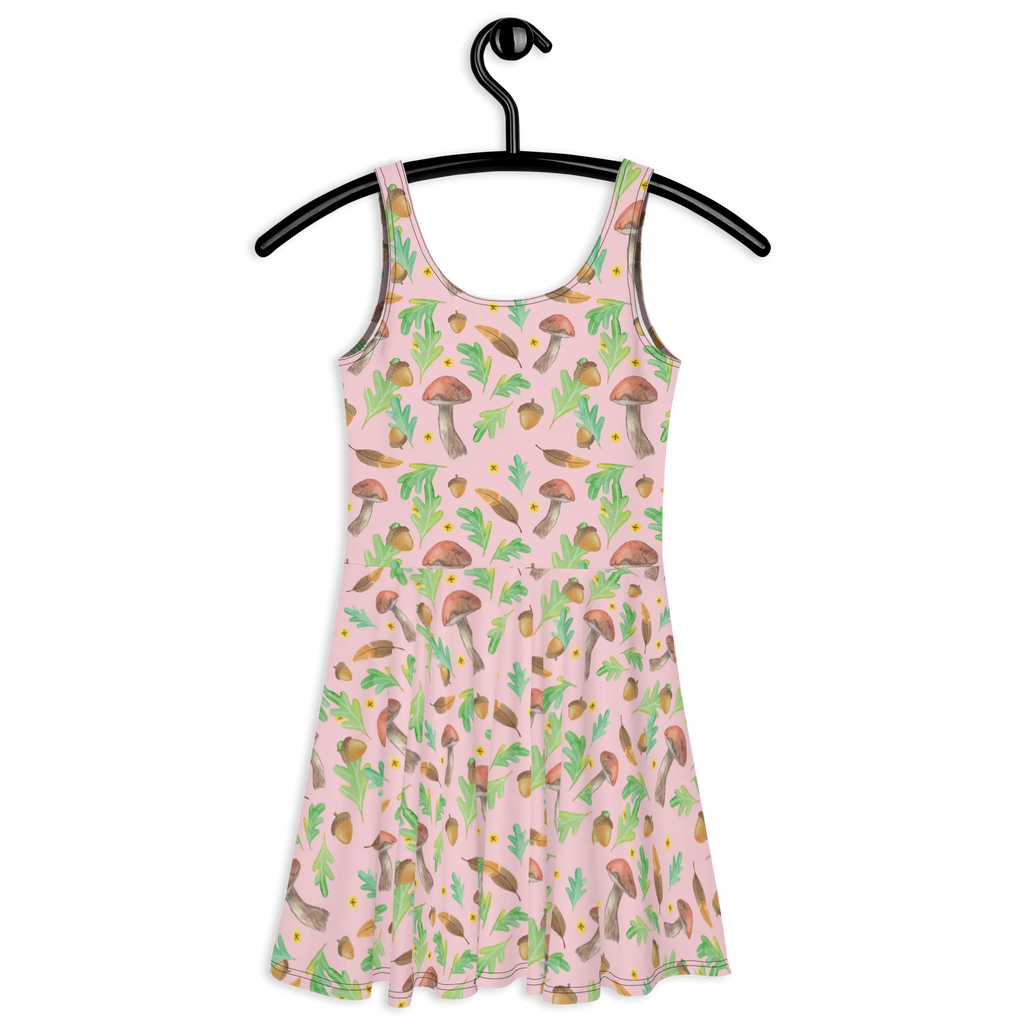 Sommerkleid Waldträume Design Kleid, Sommerkleid, Skaterkleid, Eiche, Pilze, Waldspaziergang, Natur, Laub, Aquarell, Wald, Aquarellmuster, Glühwürmchen, Blätter