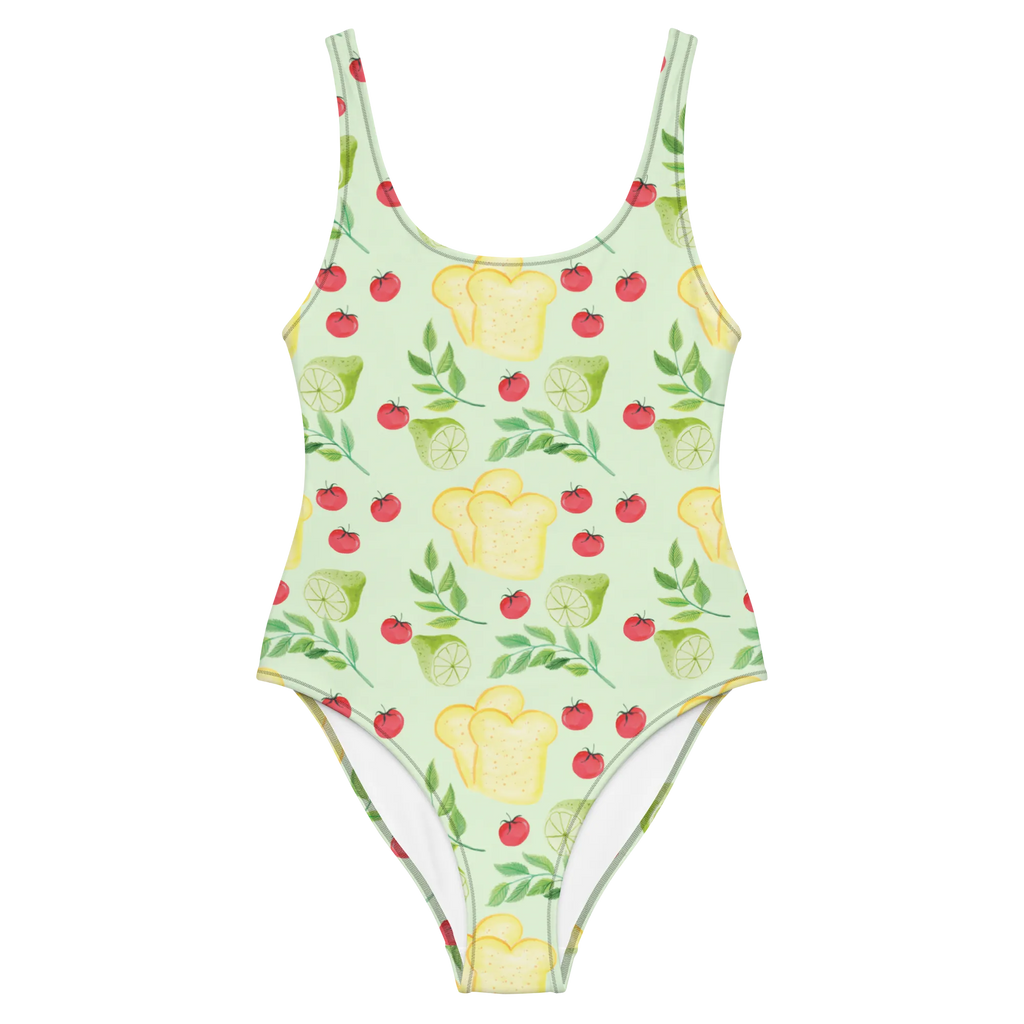 Swimsuit Kitchen Magic Design Badebekleidung, Badeanzug, Bademode, Swimsuit, Luxus-Bademode, Rückenfreier Badeanzug, Aquarell, Kochen, Tomaten, Küchenmuster, Muster, Limette, Küche, Küchenliebe, Toastbrot, Kräuter