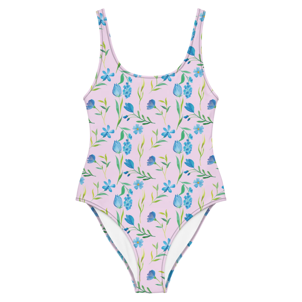 Swimsuit Summer Thoughts Design Swimsuit, Luxus-Bademode, Rückenfreier Badeanzug, Badeanzug, Bademode, Badebekleidung, Aquarell, Blaue Blumen, Blaues Muster, Blumen, Blumenmuster