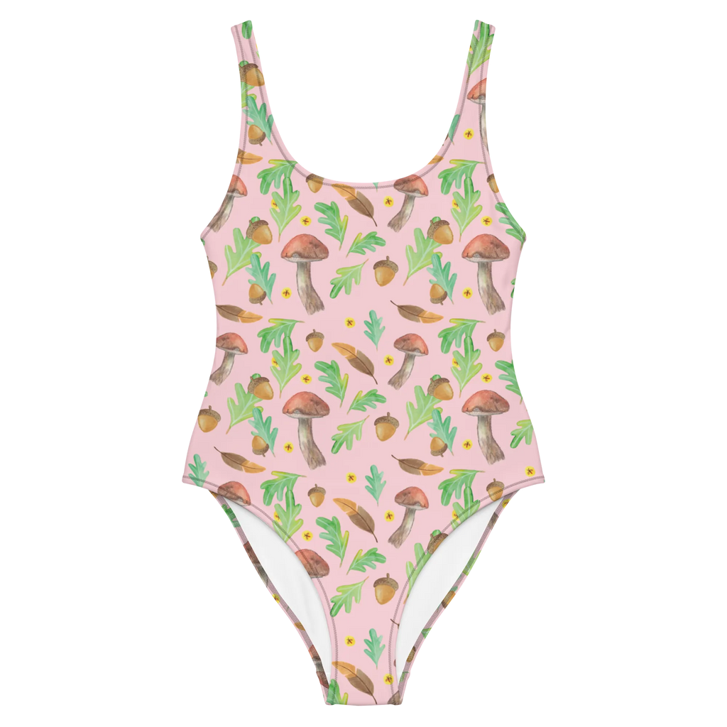 Swimsuit Leśne marzenia Wzornictwo Bademode, Badeanzug, Swimsuit, Rückenfreier Badeanzug, Badebekleidung, Luxus-Bademode, Aquarellmuster, Blätter, Waldspaziergang, Wald, Natur, Laub, Glühwürmchen, Pilze, Aquarell, Eiche