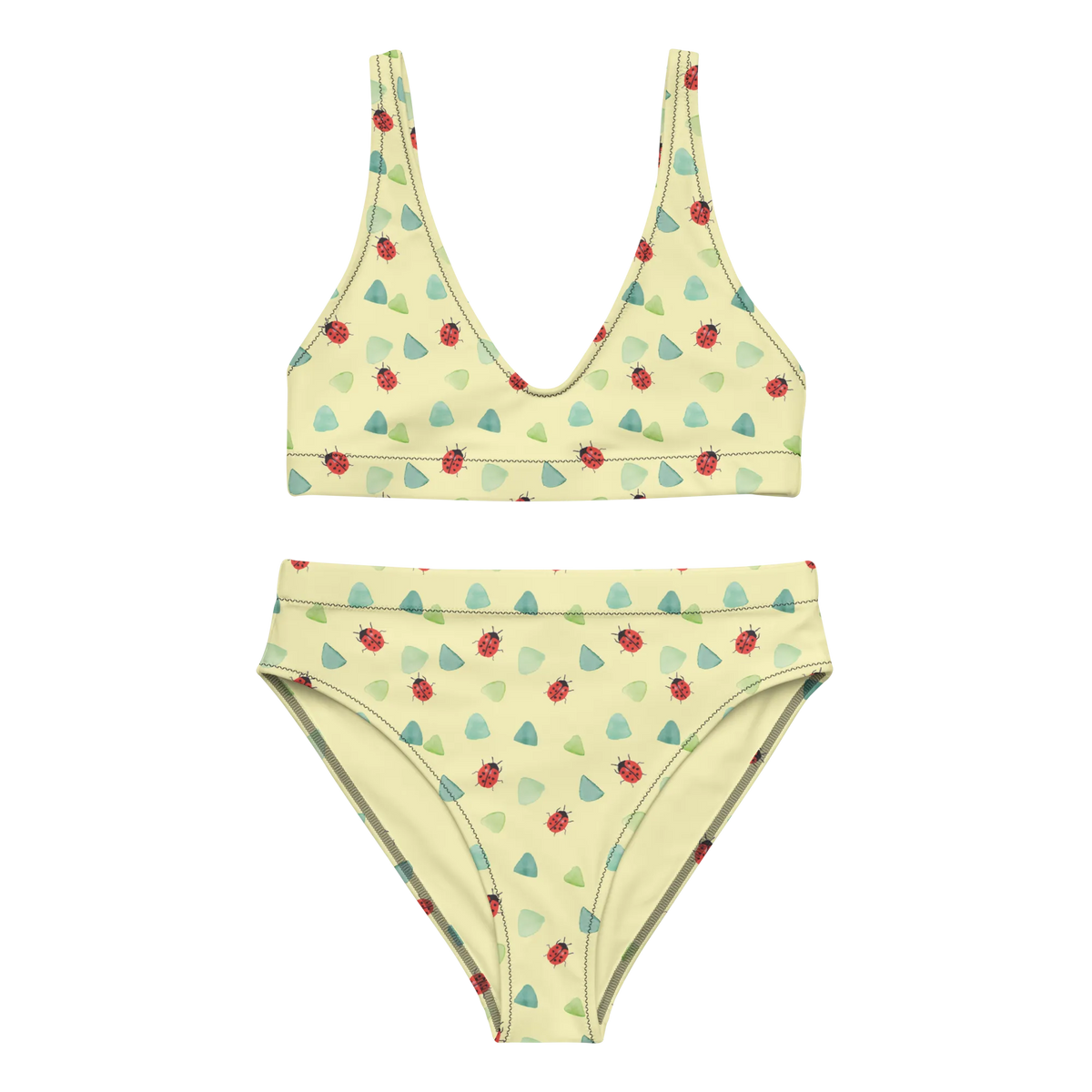 Bikini Ladybug Design Bikinihose, Zweiteiler, 2er Set, High Waist Bikini, Bikinioberteil, Bademode, Bikini, Niedlich, Grüne Punkte, Verspielt, Muster, Aquarell, Marienkäfer