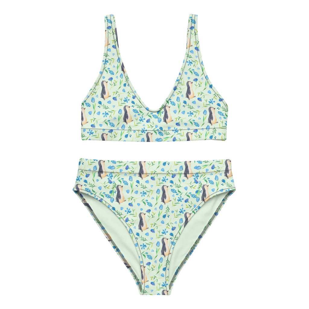 Bikini Penguin Love Design Zweiteiler, 2er Set, Bikinihose, High Waist Bikini, Bikini, Bademode, Bikinioberteil, Muster, Blaue Blumen, Pinguin, Aquarell, Pinguine, Blumen