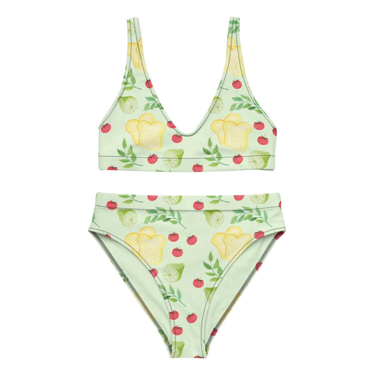 Bikini Kitchen Magic Design Bademode, Bikinioberteil, Bikini, Bikinihose, 2er Set, Zweiteiler, High Waist Bikini, Aquarell, Toastbrot, Küchenliebe, Muster, Limette, Kräuter, Tomaten, Kochen, Küchenmuster, Küche