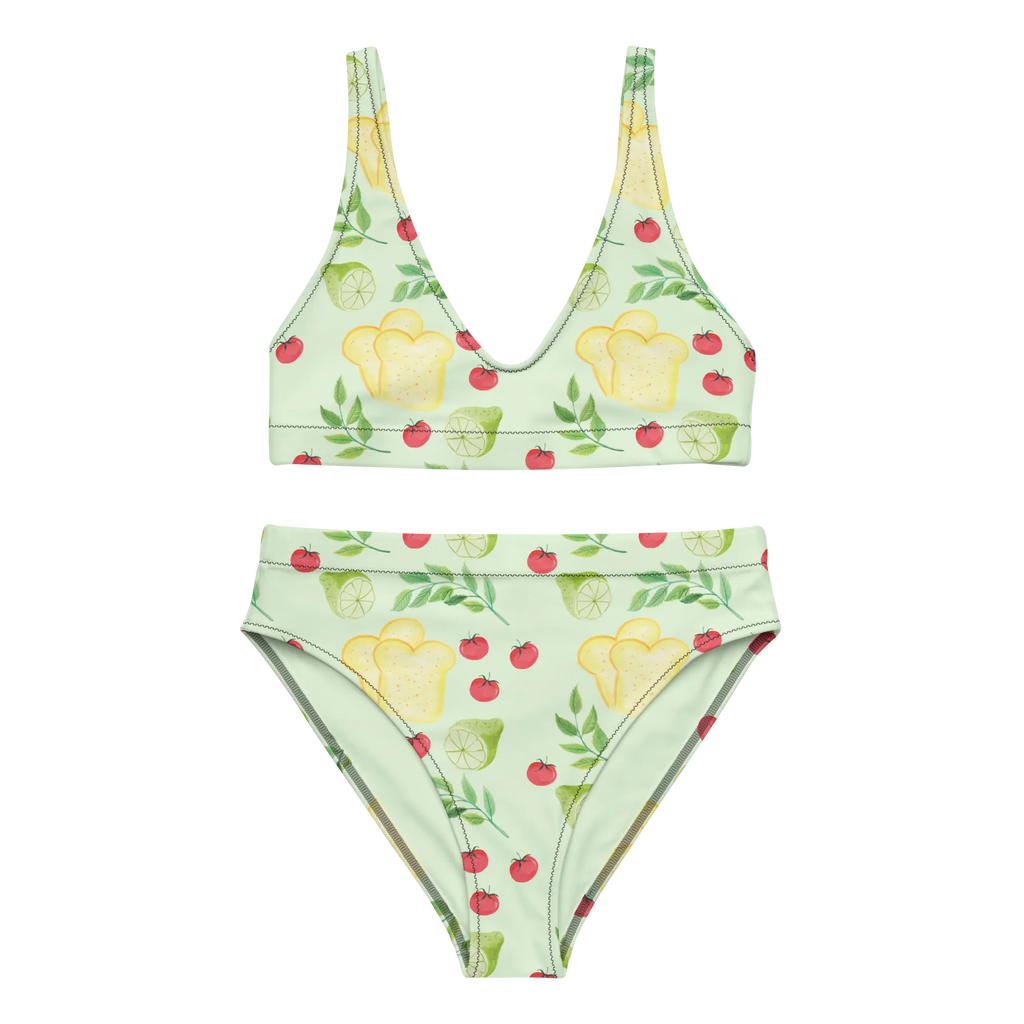Bikini Küchenmagie Design Bademode, Bikini, Zweiteiler, 2er Set, High Waist Bikini, Bikinioberteil, Bikinihose, Küchenmuster, Kräuter, Küchenliebe, Kochen, Küche, Tomaten, Aquarell, Limette, Muster, Toastbrot