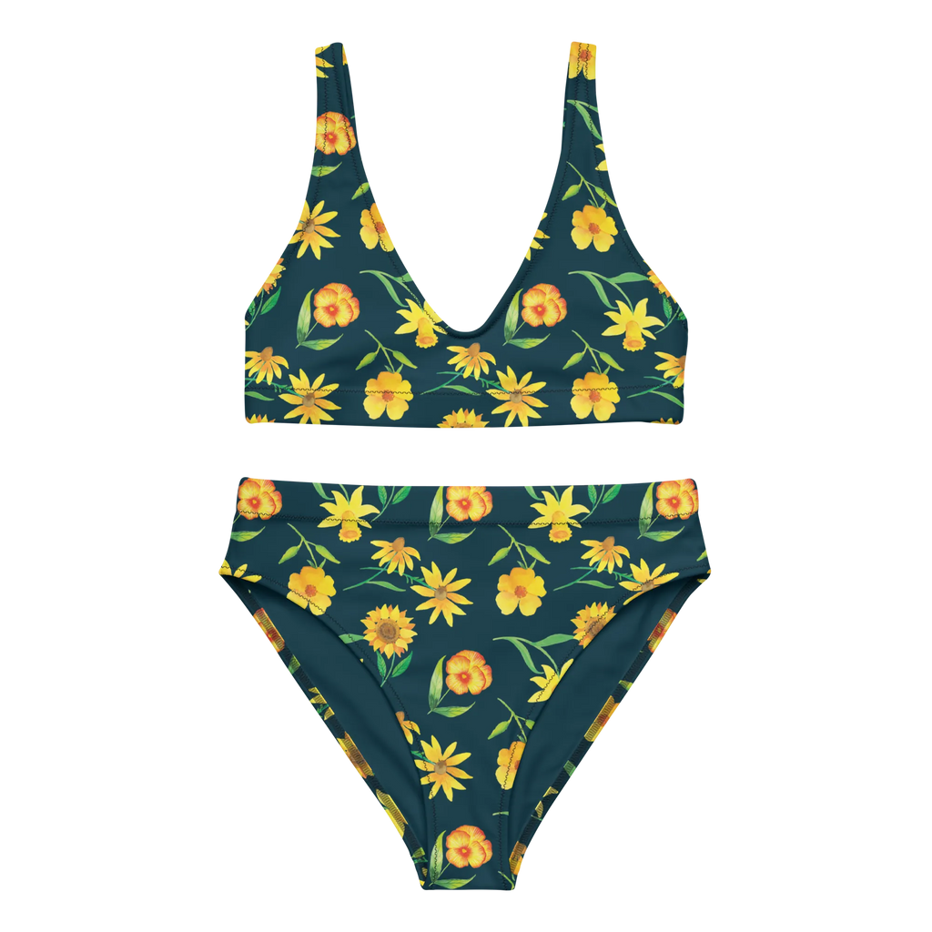 Bikini Sun Salutation Design Bademode, Bikini, 2er Set, Bikinihose, Zweiteiler, Bikinioberteil, High Waist Bikini, gelbe Blumen, Osterglocke, Muster, Sonnenblume, Blumen