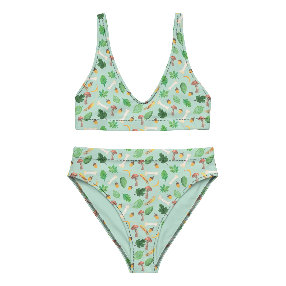 Bikini Autumn Forest Design Zweiteiler, 2er Set, Bademode, Bikini, Bikinioberteil, Bikinihose, High Waist Bikini, Aquarell Muster, Wald, Blätter, Herbst, Pilze, Laub