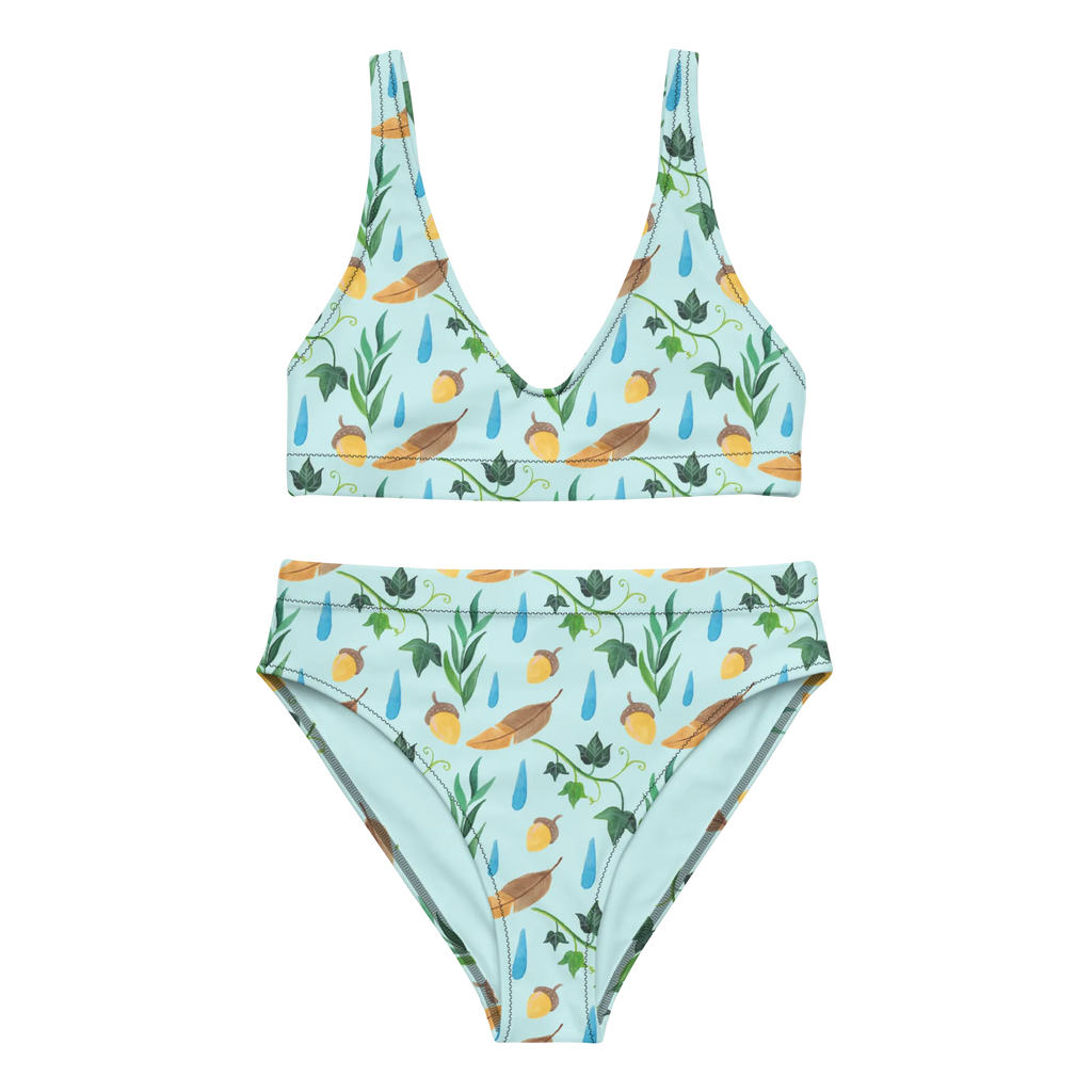 Bikini Regentage Design Bademode, Bikinihose, Bikini, Zweiteiler, Bikinioberteil, 2er Set, High Waist Bikini, Efeu, Eiche, Aquarell, Natur, Regentropfen, Wald, Blätter