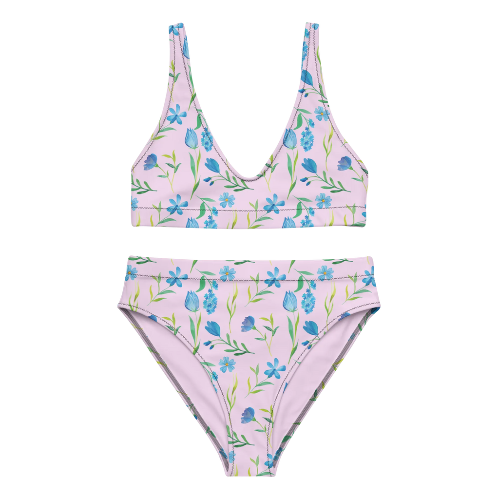Bikini Sommergedanken Design Bademode, High Waist Bikini, Zweiteiler, Bikinihose, Bikinioberteil, Bikini, 2er Set, blaues Muster, Blumenmuster, blaue Blumen, Blumen, Aquarell