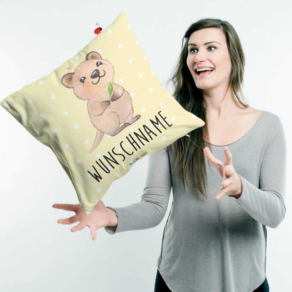 Personalised cushion Quokka Happy Kissen, Wunschname, bedrucken, Name, personalisiert, Kopfkissen, Tiermotive, Gute Laune, lustige Sprüche, Tiere, Quokka, Lustiger Spruch, Niedliches Tier, Aufschieberitis, Verschieben, Dinge erledigen