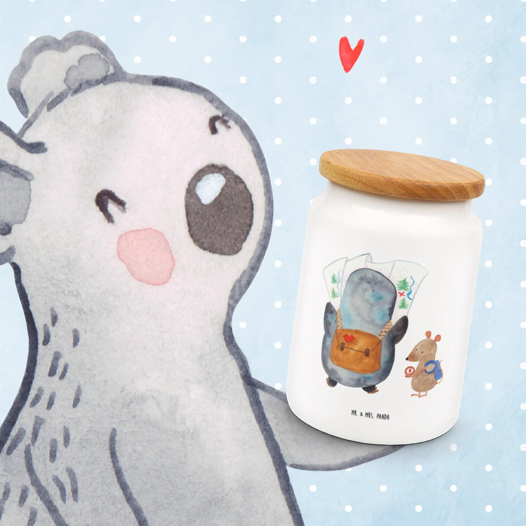 Storage jar Penguin & Mouse Hiker cookie jar, kitchen storage solutions, bulk food storage, storage jar, canister, airtight container, food storage container, ceramic jar, treat jar, kitchen canister, snack jar, preservative jar, pantry storage, Penguin, North Pole, Winter, Penguins, adventurer, adventure, penguin, penguins, wanderlust, excursion, hiking, road trip