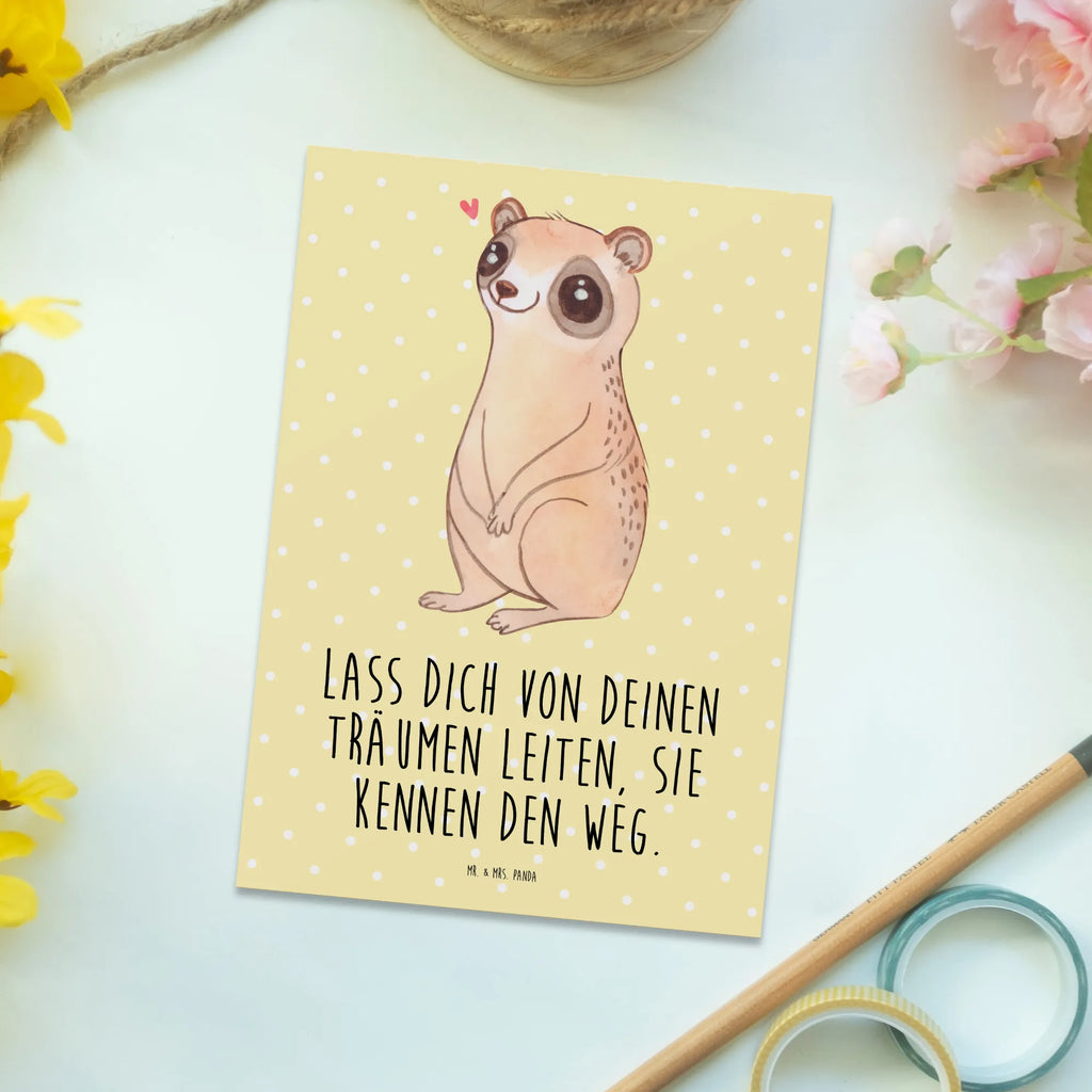 Postcard Slow loris Happy einzelkarte, Fotokarte, Grußkarte, Motivkarte, kunstkarte, Ansichtskarte, spruchkarte, Postkarten, bildkarte, Kunstkarten, Ansichtskarten, Postkarte, Designkarte, Tiere, Tiermotive, Gute Laune, Lustige Sprüche, Plumplori, Glück, Niedlich