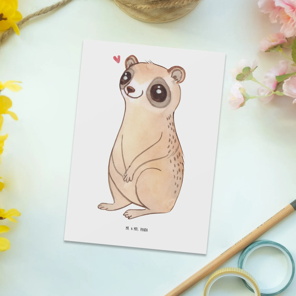 Postcard Slow loris Happy einzelkarte, Fotokarte, Grußkarte, Motivkarte, kunstkarte, Ansichtskarte, spruchkarte, Postkarten, bildkarte, Kunstkarten, Ansichtskarten, Postkarte, Designkarte, Tiere, Tiermotive, Gute Laune, Lustige Sprüche, Plumplori, Glück, Niedlich