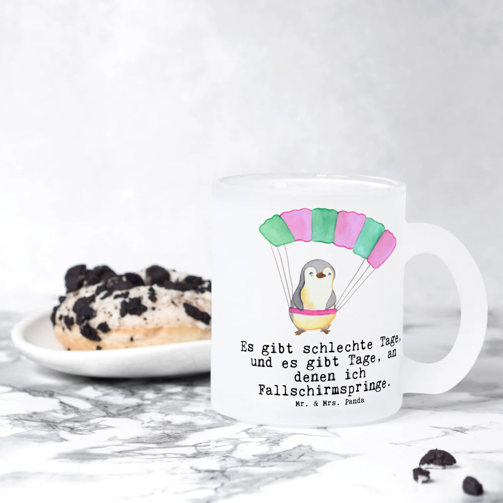 Glass tea cup penguin parachute jump Tea cup, glass, tea, mug, tea glass, Gift, sport, hobby, giving, thank you, award, profit, athlete, Skydiving, parachute jump, skydive