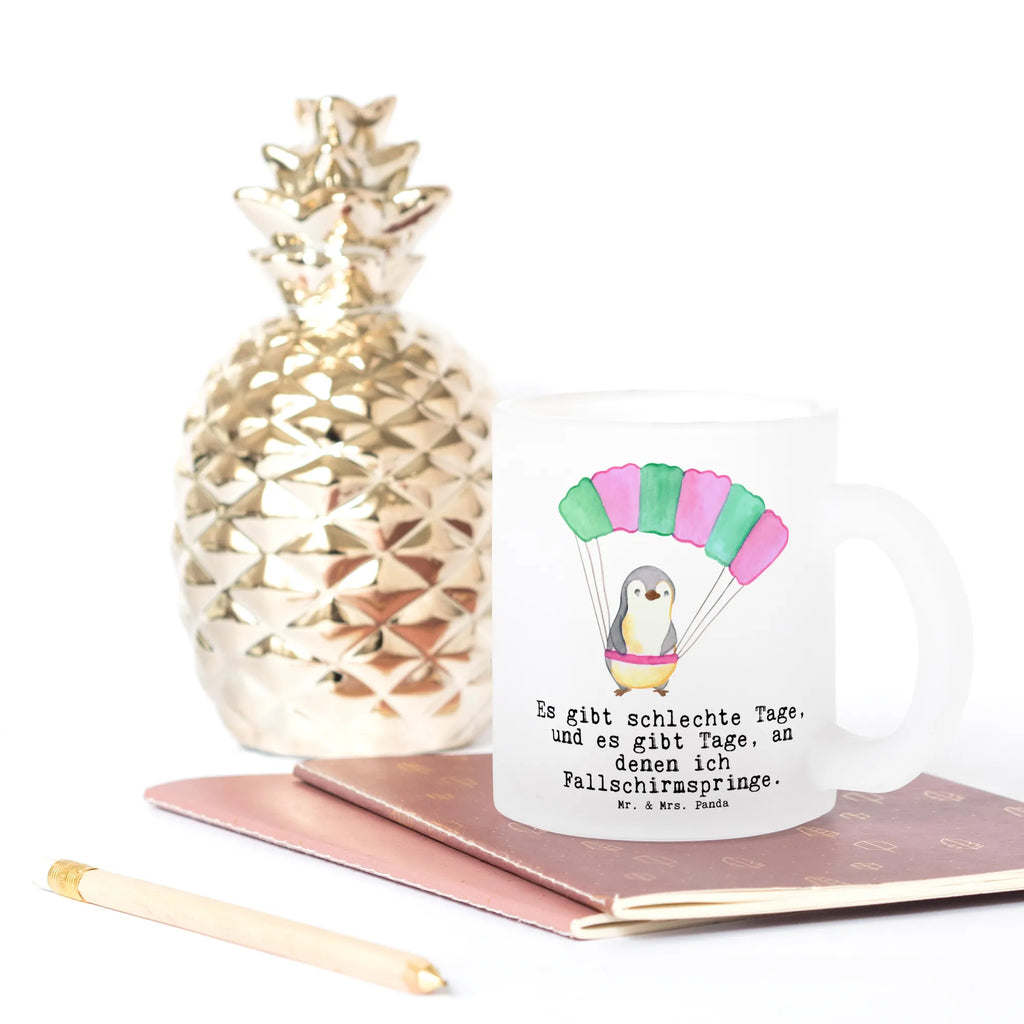 Glass tea cup penguin parachute jump Tea cup, glass, tea, mug, tea glass, Gift, sport, hobby, giving, thank you, award, profit, athlete, Skydiving, parachute jump, skydive