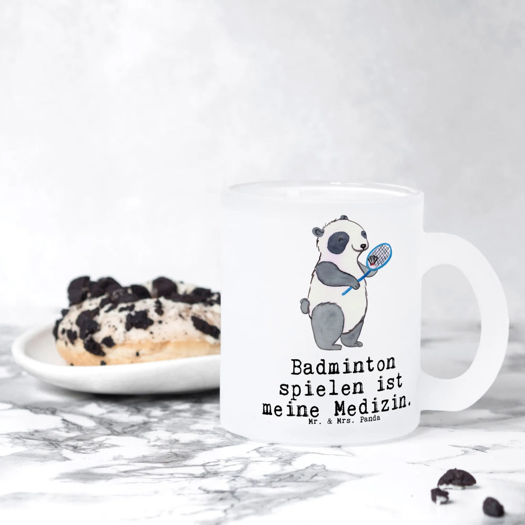 Glass tea cup panda badminton Tea cup, mug, tea, glass, tea glass, Gift, sport, hobby, giving, thank you, award, profit, athlete, play badminton, Badminton