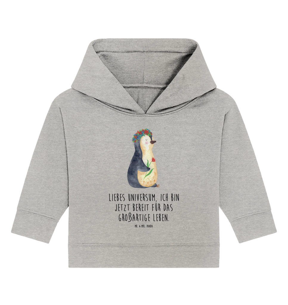Organic Baby Hoodie Pinguin Blumen Baby Kapuzenshirt, Baby Kapuzensweatshirt, Baby Pullover, Baby Hoodie, Pinguin, Leben, Lebensziele, Ziele, Wünsche, Pinguine, Liebeskummer, Universum, Blumenkranz, Geschenkidee, Lebenslust, Motivation