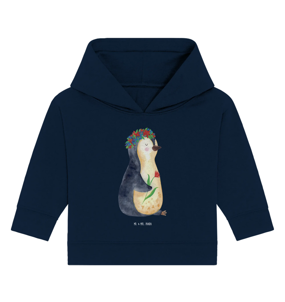 Organic Baby Hoodie Pinguin Blumen Baby Kapuzenshirt, Baby Kapuzensweatshirt, Baby Pullover, Baby Hoodie, Pinguin, Leben, Lebensziele, Ziele, Wünsche, Pinguine, Liebeskummer, Universum, Blumenkranz, Geschenkidee, Lebenslust, Motivation