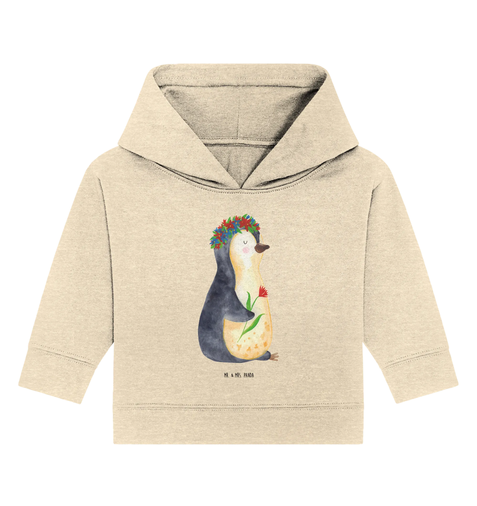Organic Baby Hoodie Pinguin Blumen Baby Kapuzenshirt, Baby Kapuzensweatshirt, Baby Pullover, Baby Hoodie, Pinguin, Leben, Lebensziele, Ziele, Wünsche, Pinguine, Liebeskummer, Universum, Blumenkranz, Geschenkidee, Lebenslust, Motivation