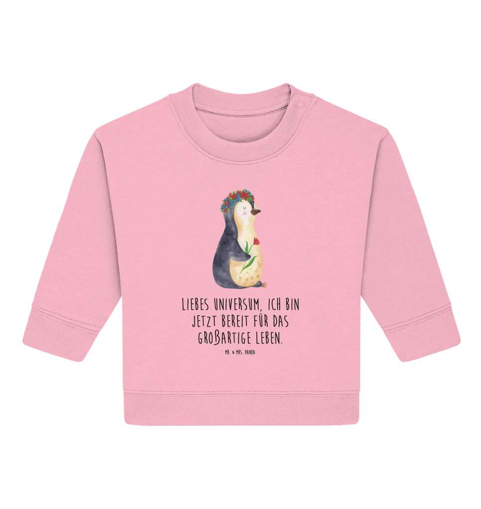 Organic Baby Pullover Penguin Flower Baby Sweatshirt, Baby Bullover, Pinguin, Wünsche, Lebenslust, Liebeskummer, Blumenkranz, Leben, Pinguine, Motivation, Ziele, Geschenkidee, Lebensziele, Universum