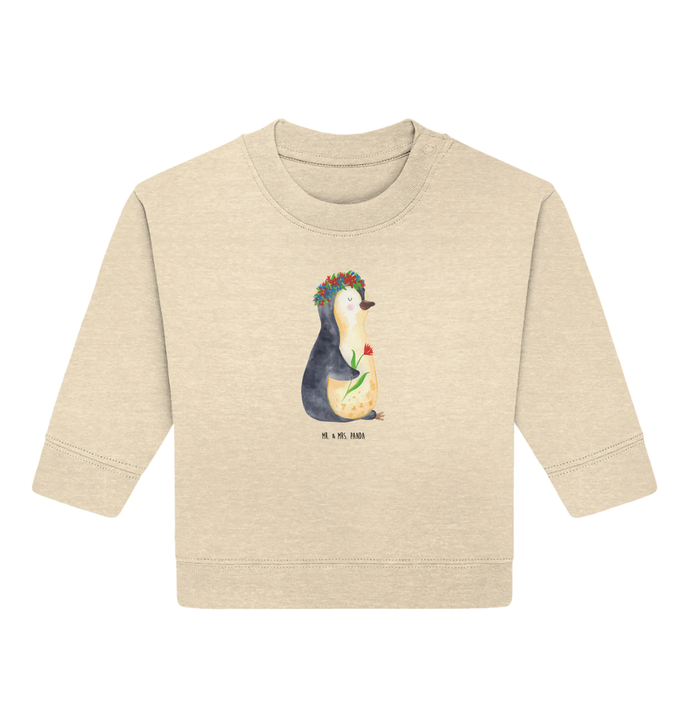 Organic Baby Pullover Penguin Flower Baby Sweatshirt, Baby Bullover, Pinguin, Wünsche, Lebenslust, Liebeskummer, Blumenkranz, Leben, Pinguine, Motivation, Ziele, Geschenkidee, Lebensziele, Universum