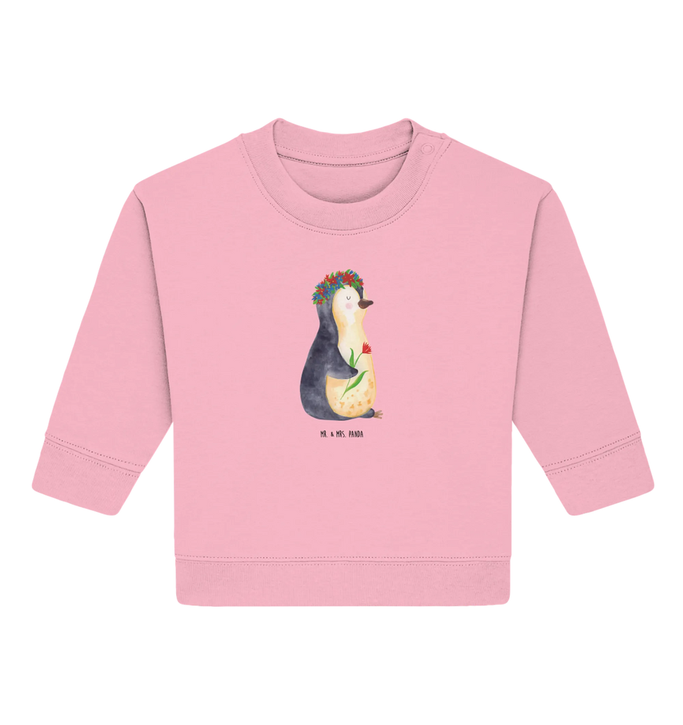 Organic Baby Pullover Penguin Flower Baby Sweatshirt, Baby Bullover, Pinguin, Wünsche, Lebenslust, Liebeskummer, Blumenkranz, Leben, Pinguine, Motivation, Ziele, Geschenkidee, Lebensziele, Universum