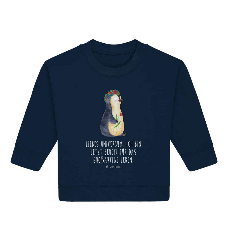 Organic Baby Pullover Penguin Flower Baby Sweatshirt, Baby Bullover, Pinguin, Wünsche, Lebenslust, Liebeskummer, Blumenkranz, Leben, Pinguine, Motivation, Ziele, Geschenkidee, Lebensziele, Universum