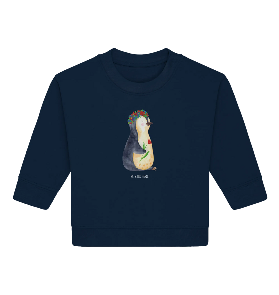 Organic Baby Pullover Penguin Flower Baby Sweatshirt, Baby Bullover, Pinguin, Wünsche, Lebenslust, Liebeskummer, Blumenkranz, Leben, Pinguine, Motivation, Ziele, Geschenkidee, Lebensziele, Universum