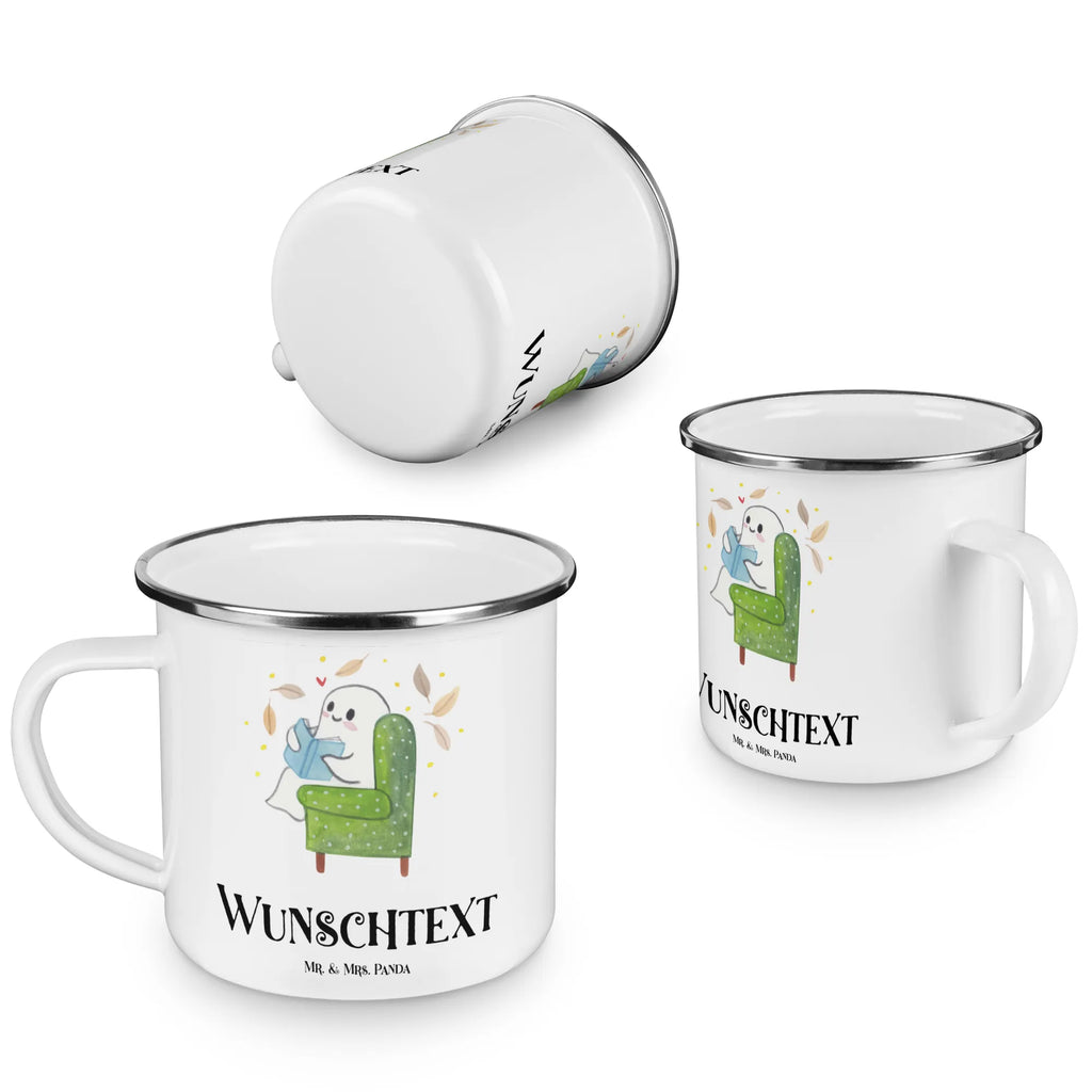 Personalisierte Emaille Tasse Gespenst  Buch Campinggeschirr personalsisert, personalisierte tassen, tasse selbst gestalten, Campingtasse bedrucken, tasse bedrucken, Namenstasse, Emaille Tasse personalisiert, Emaille Tasse mit Namen, personalisierte tasse, Campingtasse personalisiert, tassen bedrucken, tasse mit namen, Halloween, Deko, Martinssingen, Dekoration, Geschenke, Schenken, gemütlich, Gespenst, Buch, Herbst
