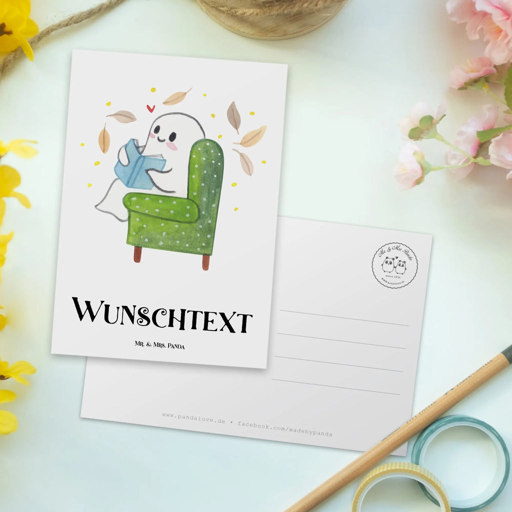 Personalisierte Postkarte Gespenst  Buch Ansichtskarte mit Namen, Postkarte personalisierbar, Einladung mit Namen, Karte mit Namen, Postkarte mit Namen, Geschenkkarte mit Namen, Einladung mit Wunschtext, Ansichtskarte mit Wunschtext, Karte mit Wunschtext, Postkarte mit Wunschtext, Postkarte bedrucken, Grußkarte mit Wunschtext, Grußkarte mit Namen, Geschenkkarte mit Wunschtext, Halloween, Deko, Martinssingen, Dekoration, Geschenke, Schenken, Gespenst, gemütlich, Buch, Herbst