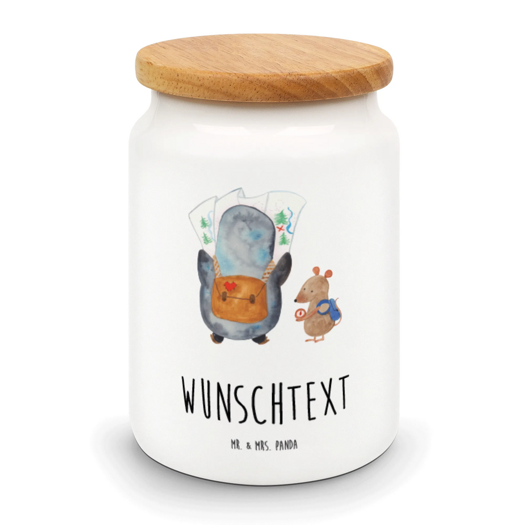 Personalized Storage Jar Penguin & Mouse Hiker personalized canister, custom treat canister, personalized storage container, custom pantry container, engraved kitchen jar, monogrammed food storage, personalized storage jar, personalized treat jar, personalized ceramic jar, personalized cookie tin, personalized cookie jar, Penguin, North Pole, Winter, Penguins, excursion, wanderlust, adventure, hiking, adventurer, penguins, road trip, penguin