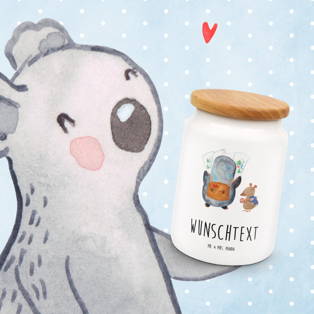 Personalized Storage Jar Penguin & Mouse Hiker personalized canister, custom treat canister, personalized storage container, custom pantry container, engraved kitchen jar, monogrammed food storage, personalized storage jar, personalized treat jar, personalized ceramic jar, personalized cookie tin, personalized cookie jar, Penguin, North Pole, Winter, Penguins, excursion, wanderlust, adventure, hiking, adventurer, penguins, road trip, penguin