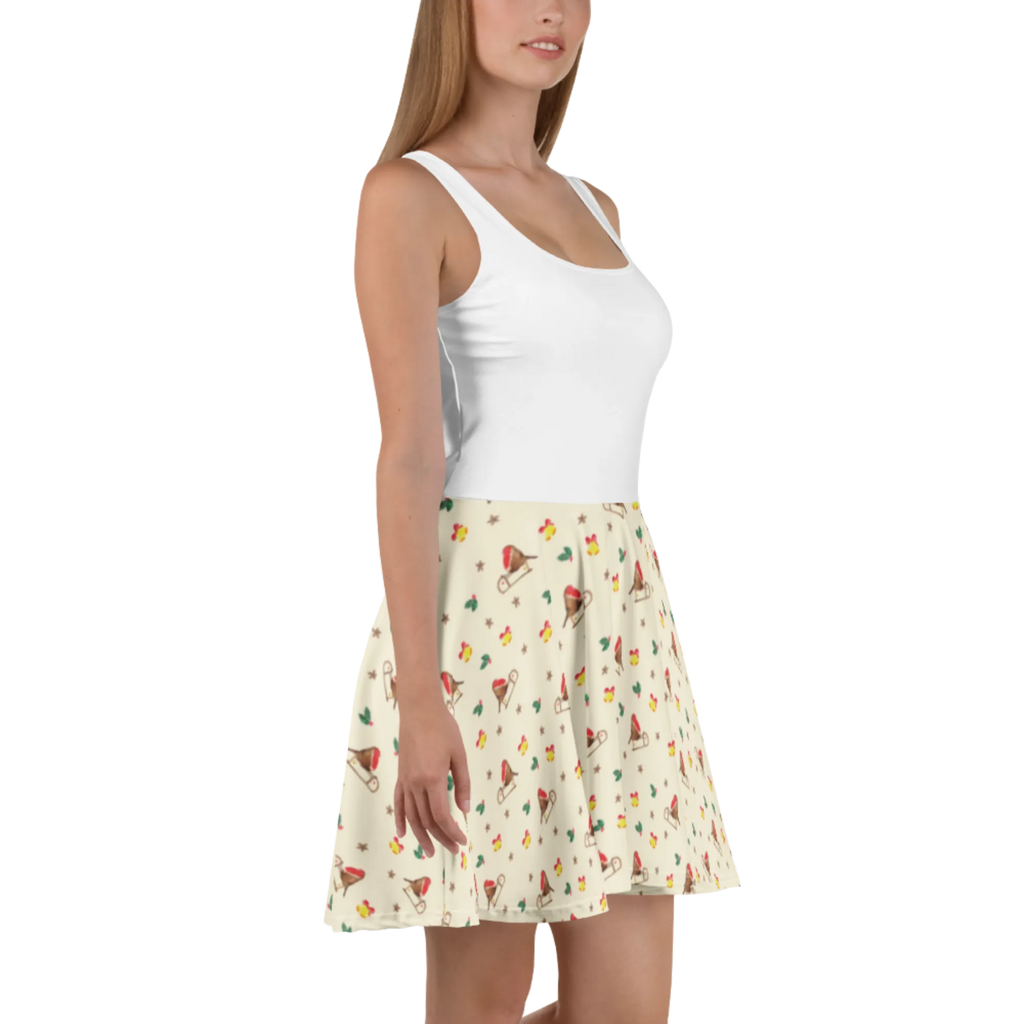Sommerkleid Rotkehlchen Schlitten Muster Kleid, Skaterkleid, Sommerkleid, Winter, Weihnachten, Weihnachtsdeko, Nikolaus, Advent, Heiligabend, Wintermotiv, Schlitten, Vogel