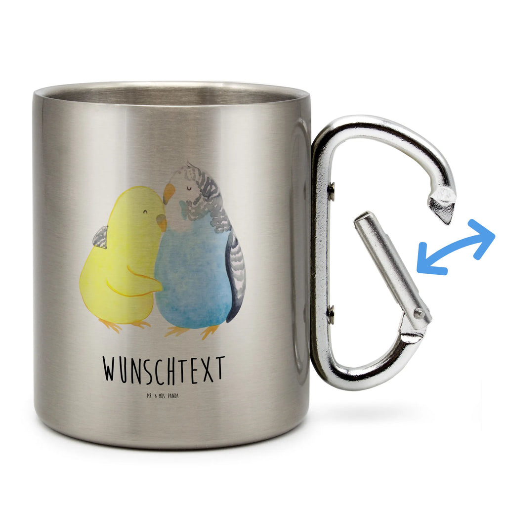 Personalized Stainless Steel Mug Parakeets in love Love, Loving, Two, Together, Marriage, Engagement, Proposal of marriage, Love gift, gift for her, gift for him, anniversary gift, love, budgie, trust, cuddling, birds, closeness