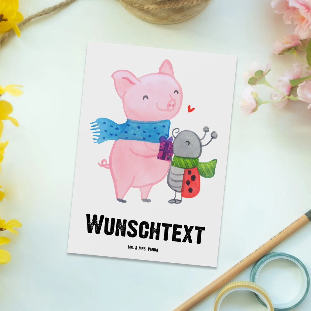 Personalised postcard Glow Pig Snuggle Winter, Christmas, Christmas time, snow