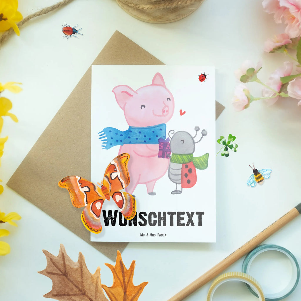 Personalised greetings card Glow Pig Snuggle Winter, Christmas, Christmas time, snow