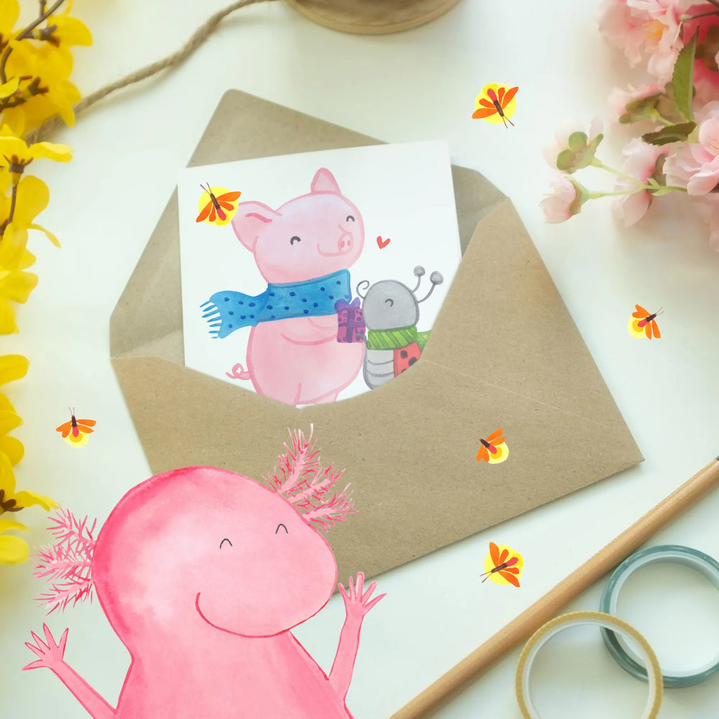 Personalised greetings card Glow Pig Snuggle Winter, Christmas, Christmas time, snow