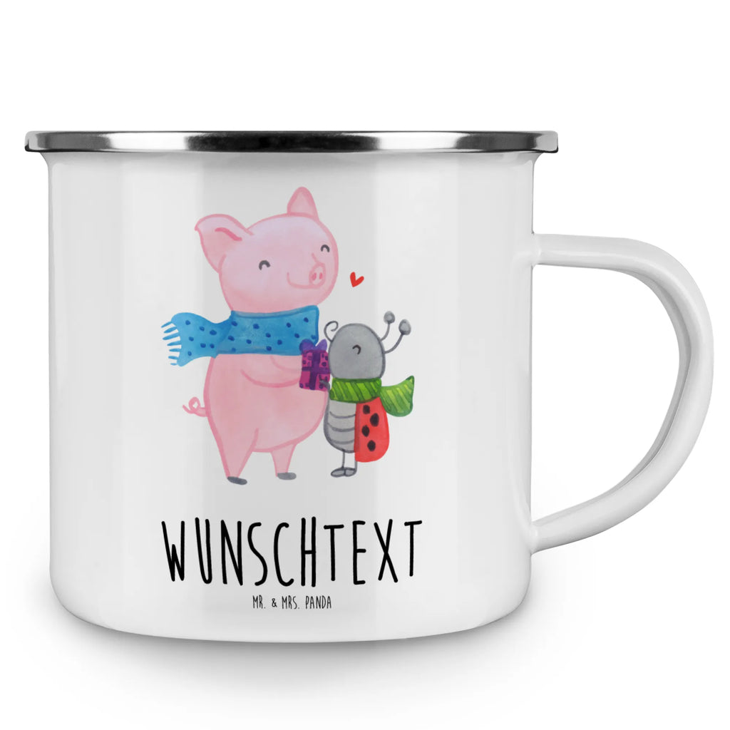 Personalised enamel cup Glow Pig Snuggle Winter, Christmas, Christmas time, snow