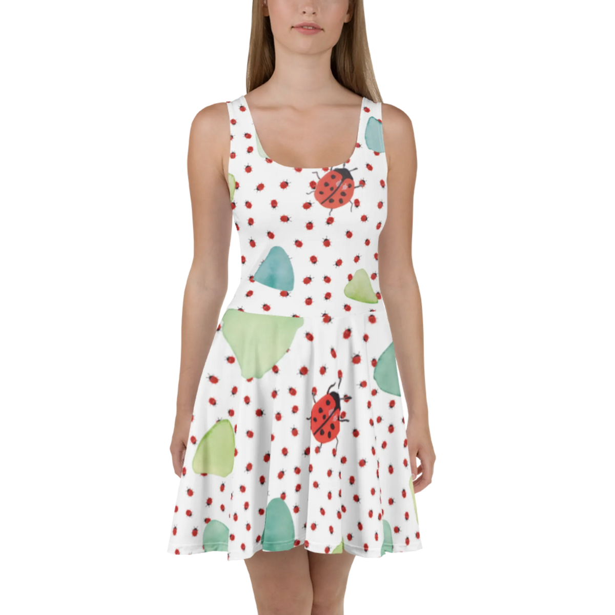 Sommerkleid Marienkäfer Design Muster Sommerkleid, Kleid, Urlaubskleid, Kurzes Sommerkleid, Kurzes Kleid, Luftiges Sommerkleid, Shirtkleid, Skaterkleid, Strandkleid, Freizeitkleid, Jerseykleid, Damen-Sommerkleid, Stretchkleid, Damenkleid, Ausgestelltes Kleid, Minikleid, Swingkleid, A-Linien-Kleid, Leichtes Sommerkleid, Niedlich, Aquarell, Grüne Punkte, Marienkäfer, Verspielt, Muster