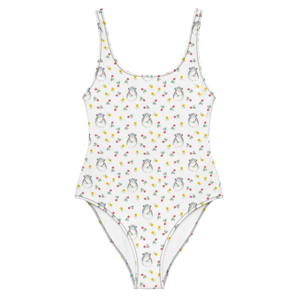 Badeanzug Chinchilla Blume Muster Luxus-Bademode, Bademode, Badebekleidung, Badeanzug, Rückenfreier Badeanzug, Swimsuit, Tiere, Tiermotive, Lustige Sprüche, Gute Laune, Chinchilla, Kummer, Liebeskummer, Büro, Büroalltag, Chaos, Glücklichsein, Chinchillas, Depressionen, traurig sein