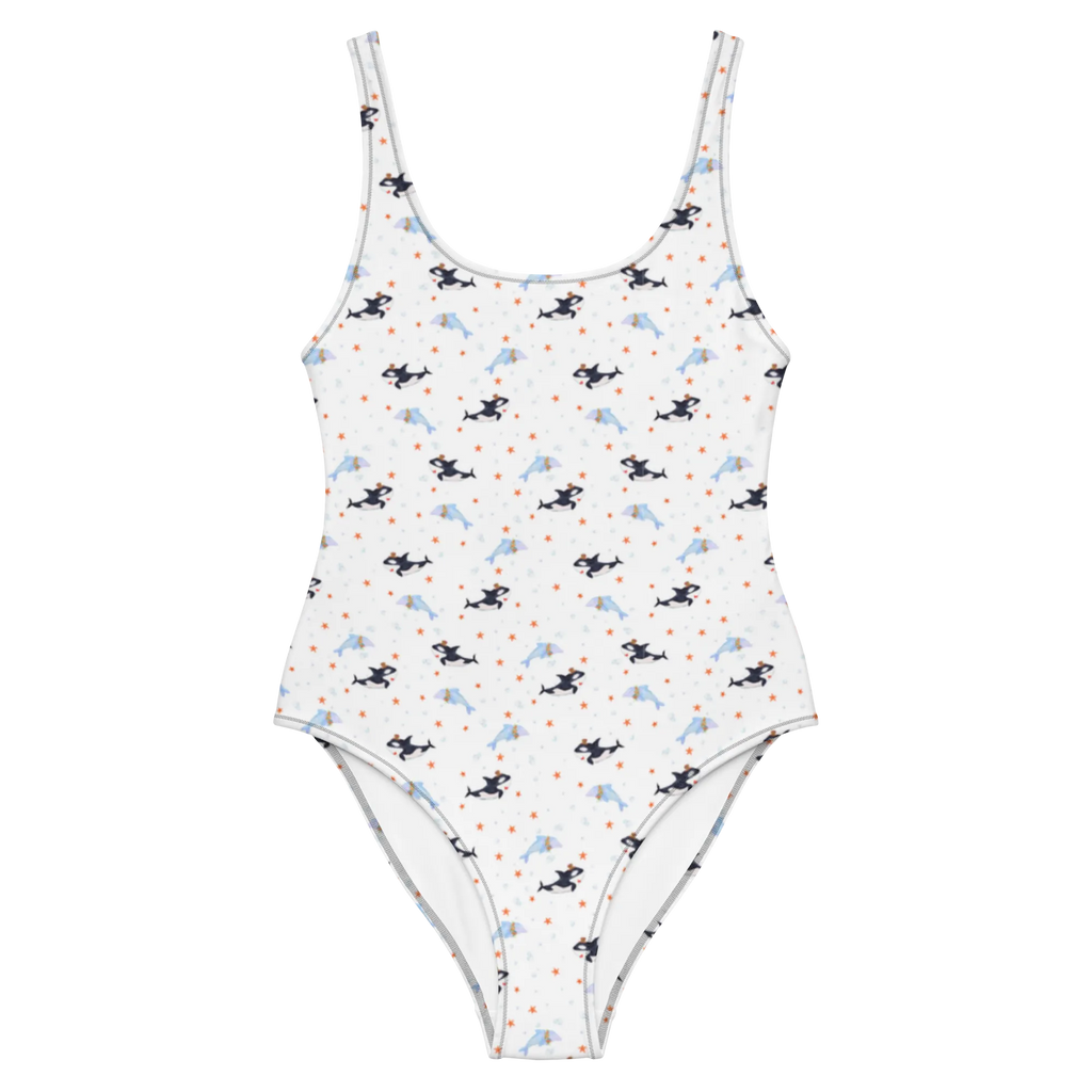 Badeanzug Orca Zylinder Muster Rückenfreier Badeanzug, Swimsuit, Luxus-Bademode, Badebekleidung, Bademode, Badeanzug, Meerestiere, Urlaub, Meer, Glitzer, Fest, Konfetti, Glückwunsch, Feier, Orca, Glitter, Narwal, Fete, Geburtstag