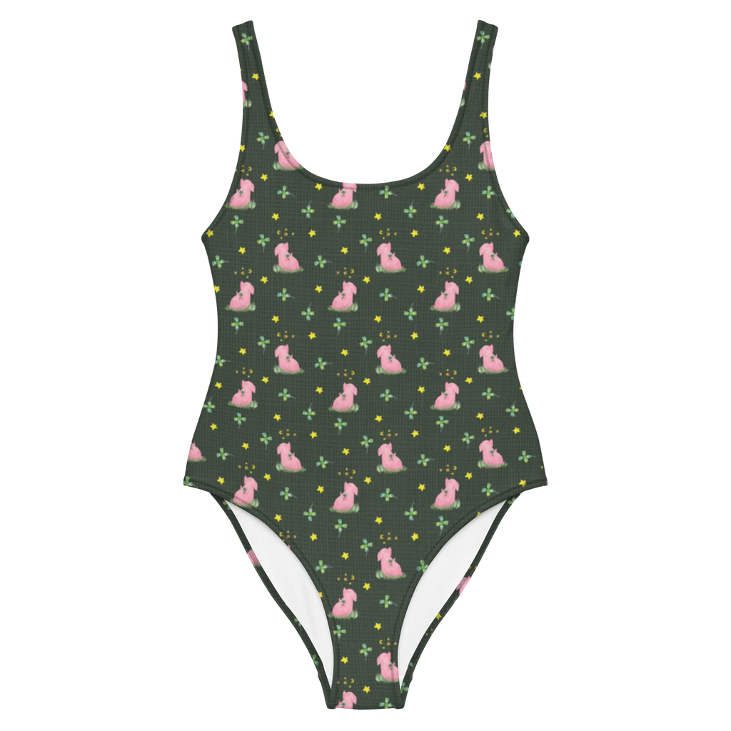 Badeanzug Schwein Glück Muster Bademode, Badebekleidung, Luxus-Bademode, Rückenfreier Badeanzug, Swimsuit, Badeanzug, Tiere, Tiermotive, Lustige Sprüche, Gute Laune, Motivation, Glücksbringer, Glücksschwein. Glück, Träume, Schweinchen, Ziele, Schwein, Sterne, Sernchen