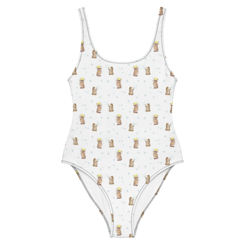 Badeanzug Waschbär Muster Rückenfreier Badeanzug, Swimsuit, Badeanzug, Luxus-Bademode, Bademode, Badebekleidung, Gute Laune, Tiere, Tiermotive, Lustige Sprüche, Seifenblasen, Tagträumen, Waschen, Fröhlich, Plan, Waschbär