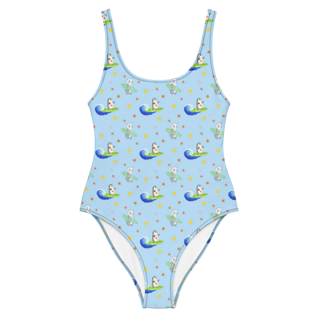Badeanzug Pinguin Surfer Muster Rückenfreier Badeanzug, Badeanzug, Swimsuit, Luxus-Bademode, Badebekleidung, Bademode, Pinguin, Wellen Reiten, Urlaub, Pinguine, Hawaii, Portugal, Wellen, Surfer, Surfen