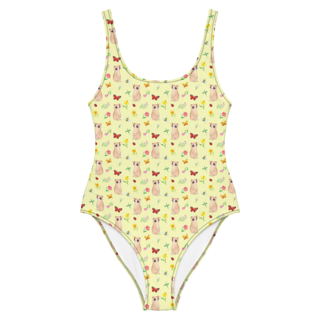 Badeanzug Erdmännchen Muster Luxus-Bademode, Swimsuit, Rückenfreier Badeanzug, Badebekleidung, Badeanzug, Bademode, Wildtiere, Afrika, Spruch, Weltreise, Erdmännchen, Reisen, Roadtrip, Afrikareise, Traveling