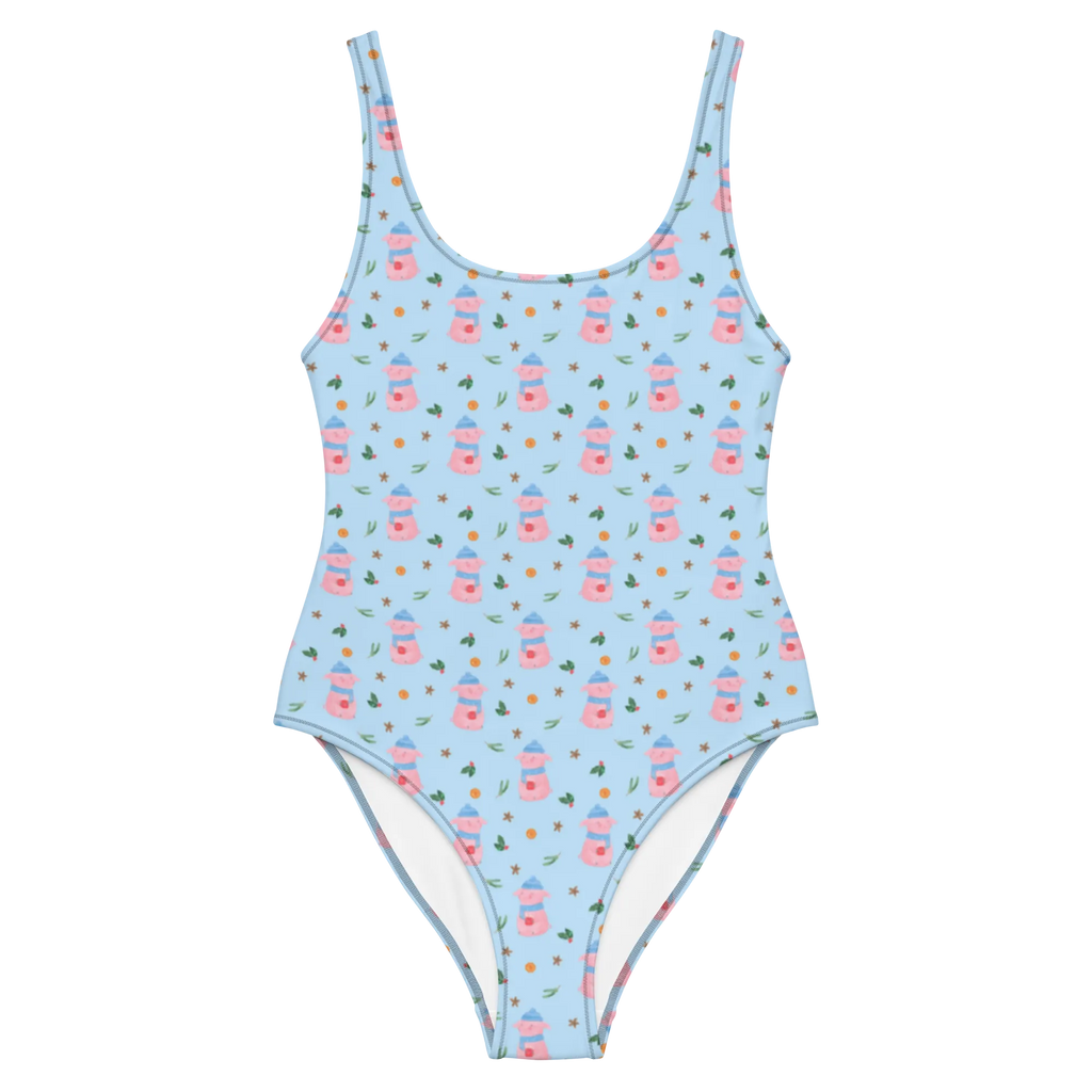 Badeanzug Schweinchen Glühwein Muster Bademode, Swimsuit, Badeanzug, Rückenfreier Badeanzug, Luxus-Bademode, Badebekleidung, Winter, Weihnachten, Weihnachtsdeko, Nikolaus, Advent, Heiligabend, Wintermotiv, Betrunken, Weihnachtsmarkt, Spruch, Glühwein