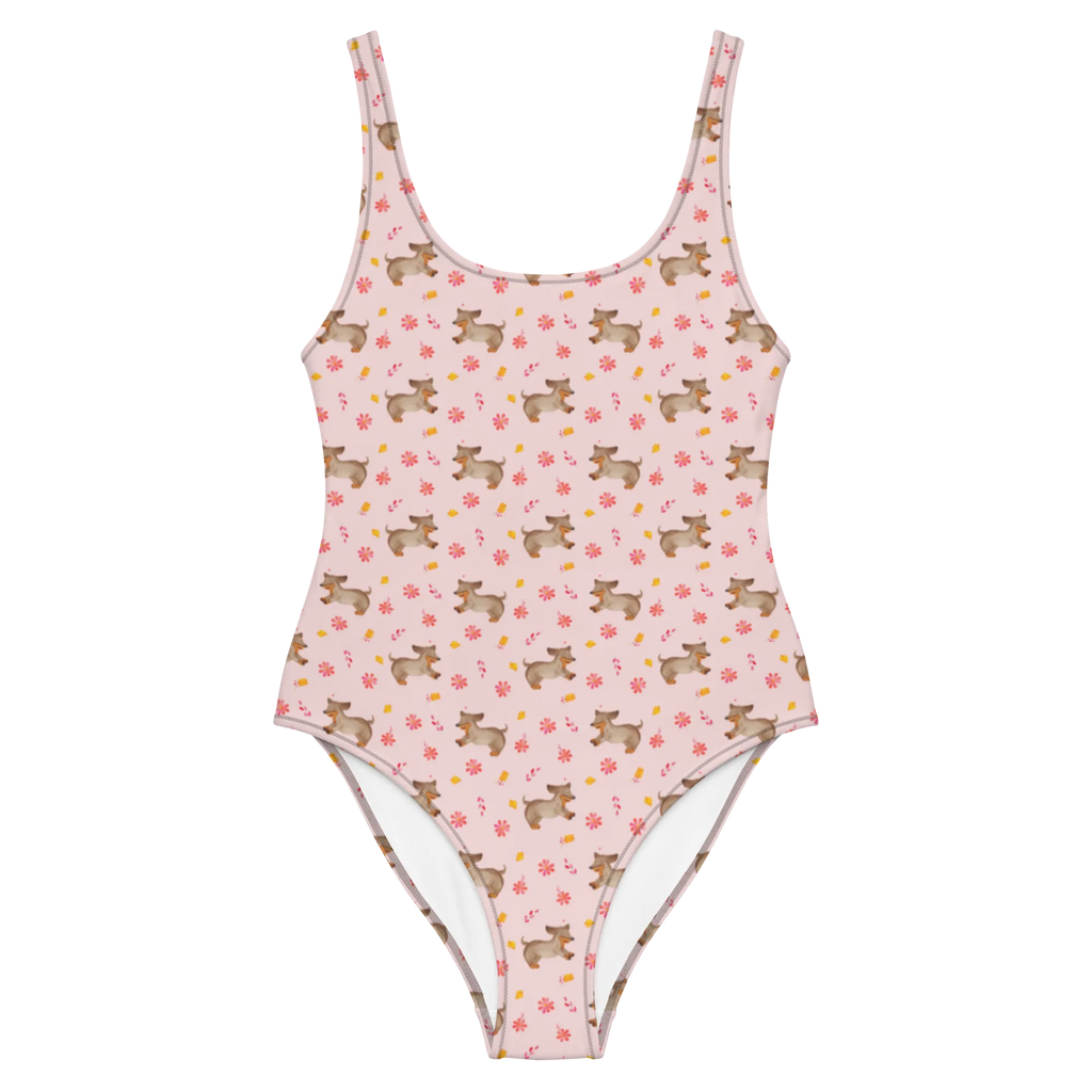 Badeanzug Hund Dackel Muster Bademode, Rückenfreier Badeanzug, Swimsuit, Badebekleidung, Badeanzug, Luxus-Bademode, Hund, Hundemotiv, Haustier, Hunderasse, Tierliebhaber, Hundebesitzer, Sprüche, Dachshund, Dackel, Hunde, happy dog
